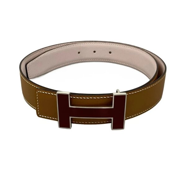 HERMES H Belt - Brown Light Pink Bordeaux Leather Hardware Square M Belt